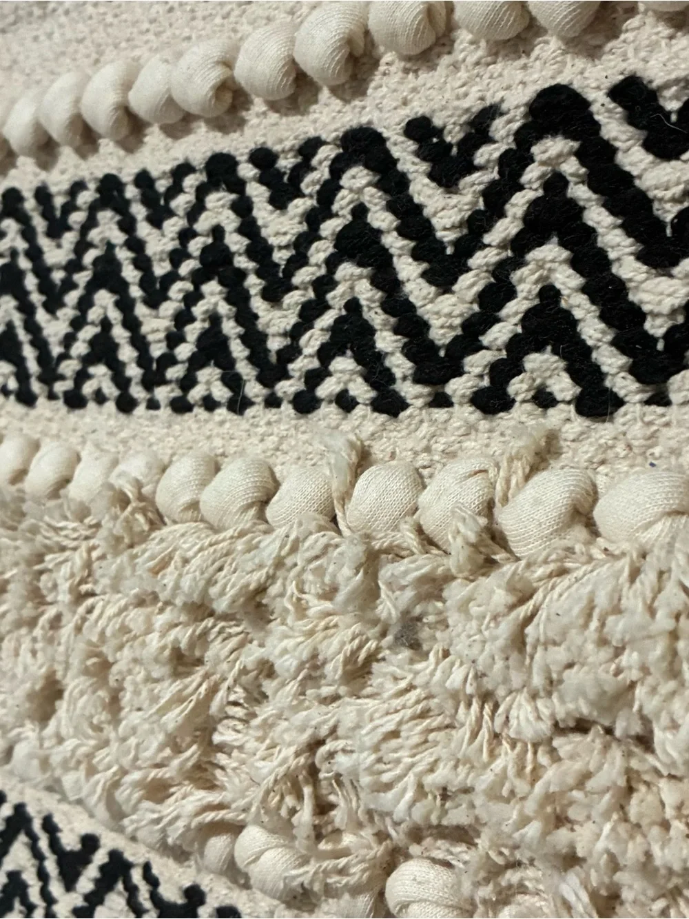 Large Boho Woven Wall Hanging Tapestry w/ Fringe Tassels, Black/Beige Geometric